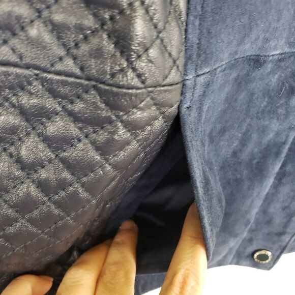 Isaac Mizrahi Live Women's Navy Blue Suede Moto Leather Quilted Zip Up Jacket 4 - Picture 6 of 14